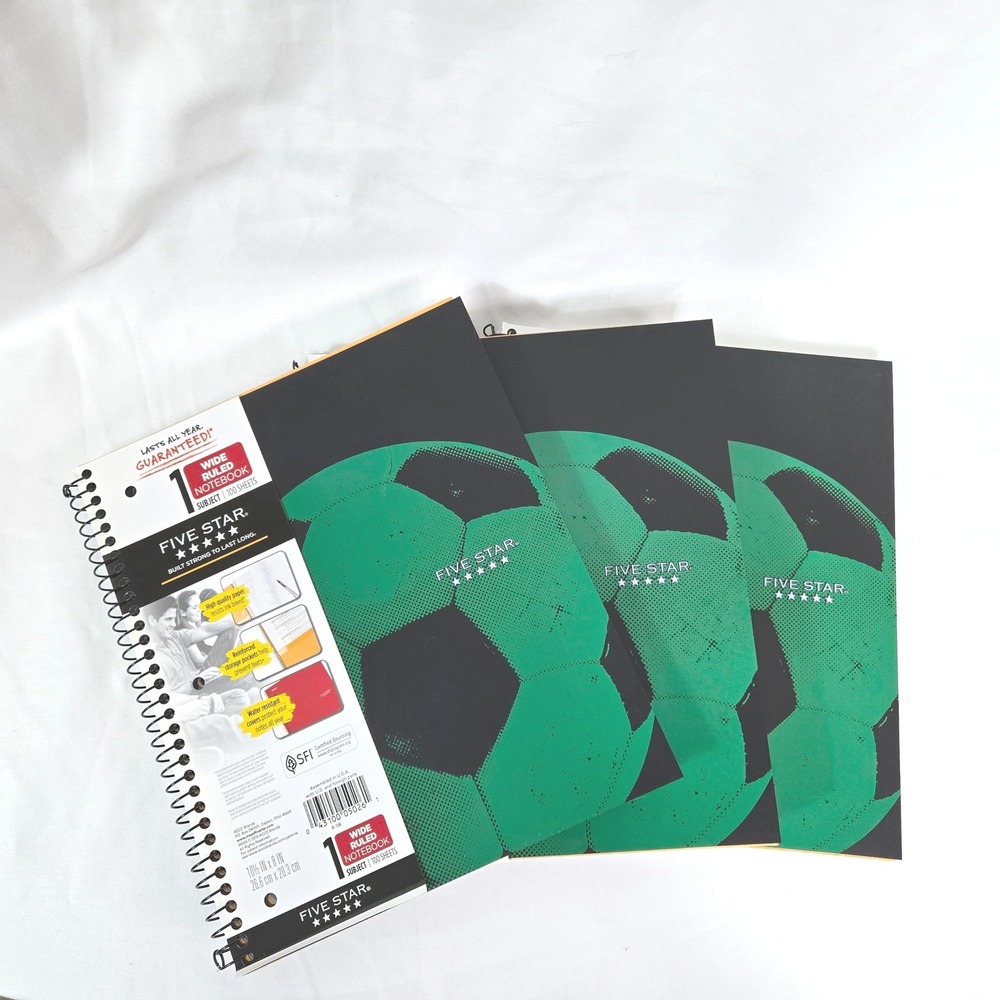 Mead Five Star Soccer 1 Subject Wide Ruled 3Pack 100 Sheet Spiral Notebook NEW